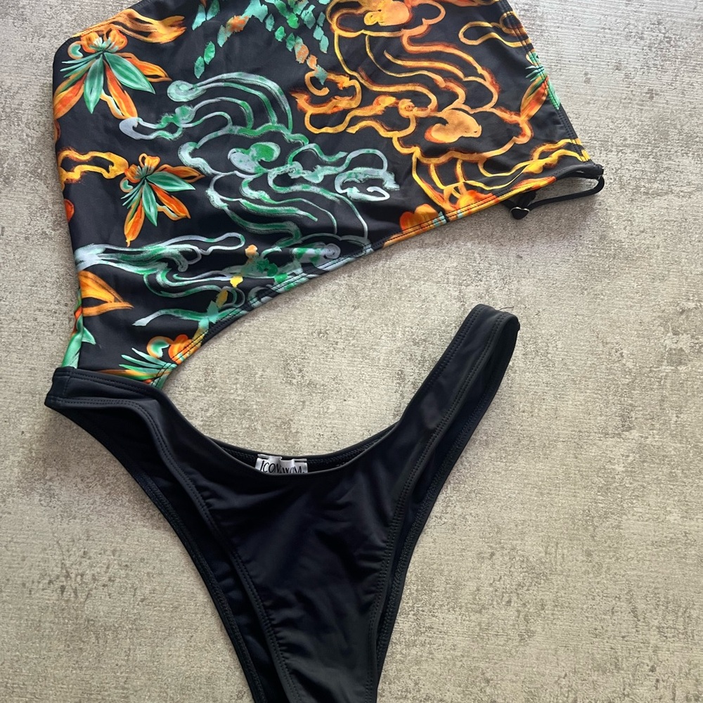 Dynamic Black and Orange One-Piece Swimsuit